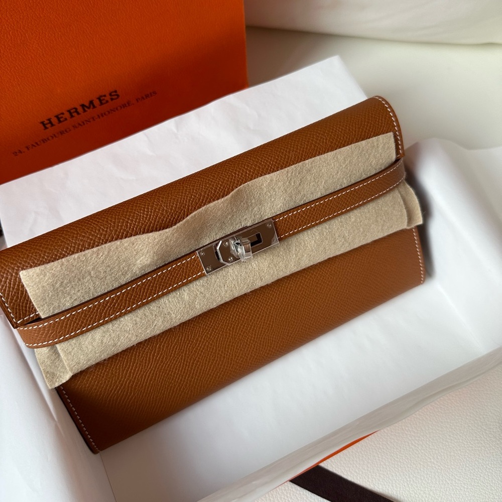 Hermes KELLY gold wallet with silver hardware